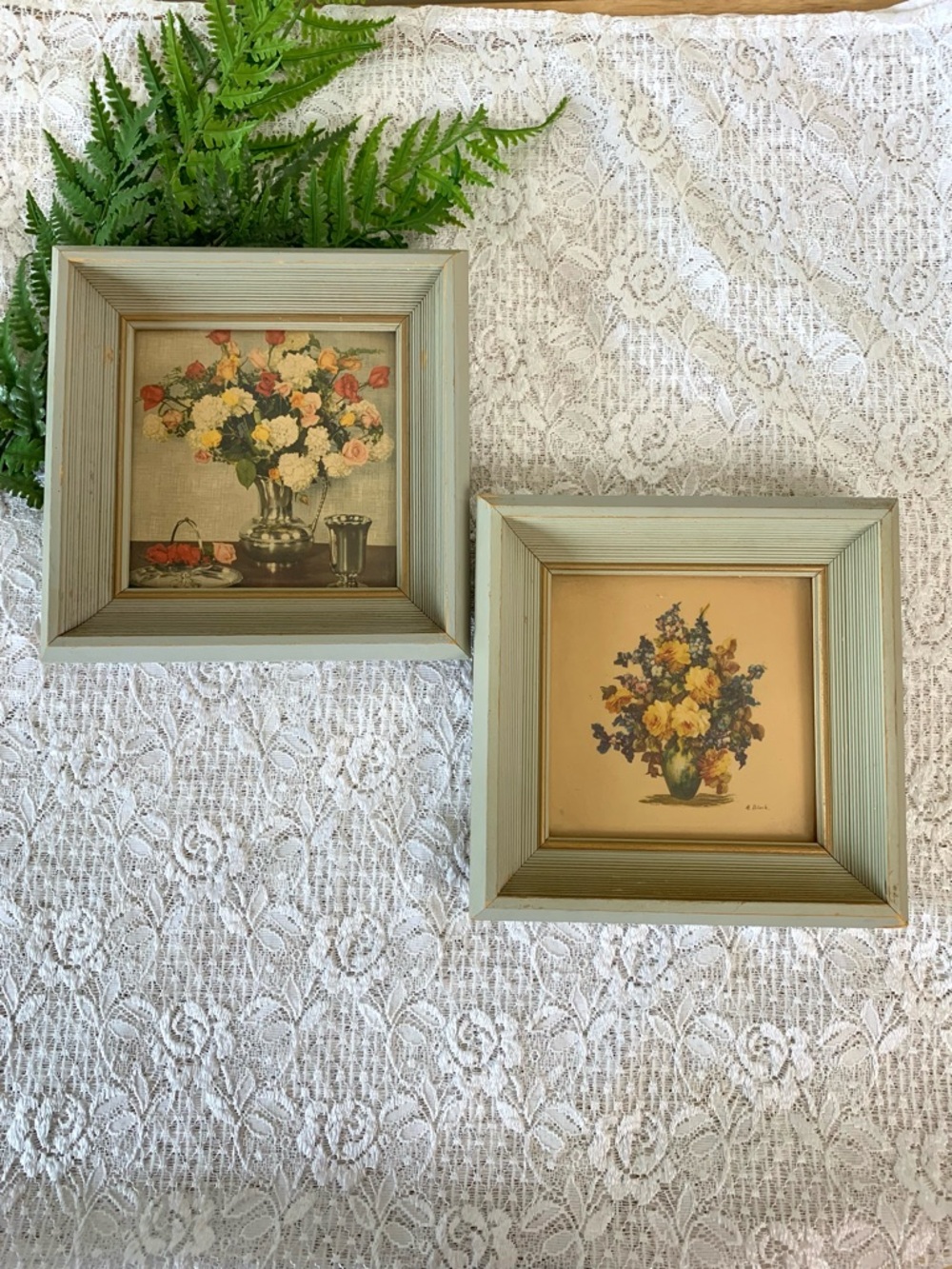 Vintage Pair of Square Framed “M Black” Floral Artwork 8.5”